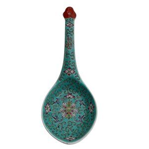 Vintage Chinese Ceramic Soup Spoon With Floral Design & Turquoise Glaze